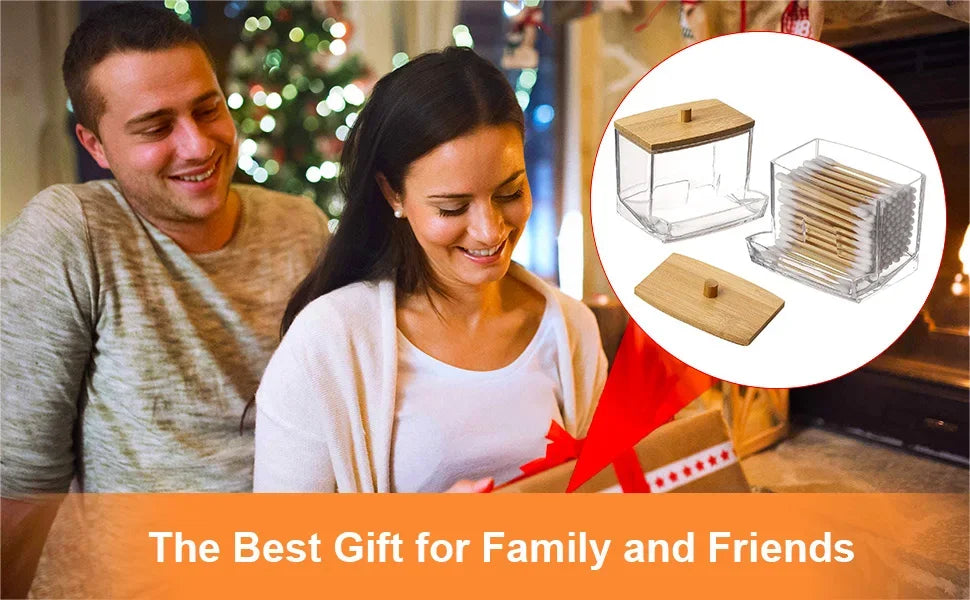 Porta batuffoli di cotone da 1 pezzo, dispenser per batuffoli di cotone con coperchi in bambù, barattoli portaoggetti per bagno in bambù, contenitori in plastica trasparente