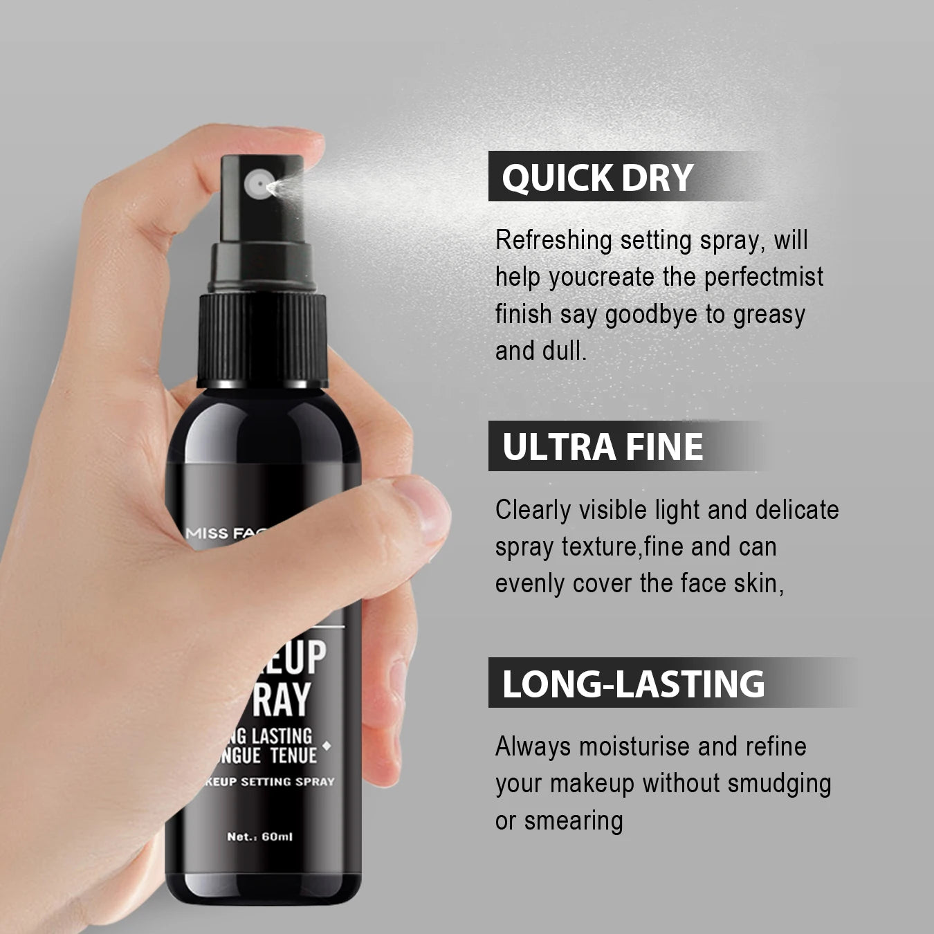 Spray professionale per il trucco del viso duraturo da 60 ml, impermeabile, anti-sudore, controllo dell'olio, formula per tintura anti-halo, trucco opaco