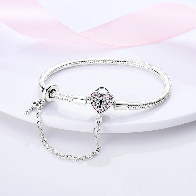 Bracciale originale in argento sterling 925 con ciondoli 17-20CM Bracciale con zirconi a forma di cuore d'amore per le donne Regali di gioielli con ciondoli fai da te