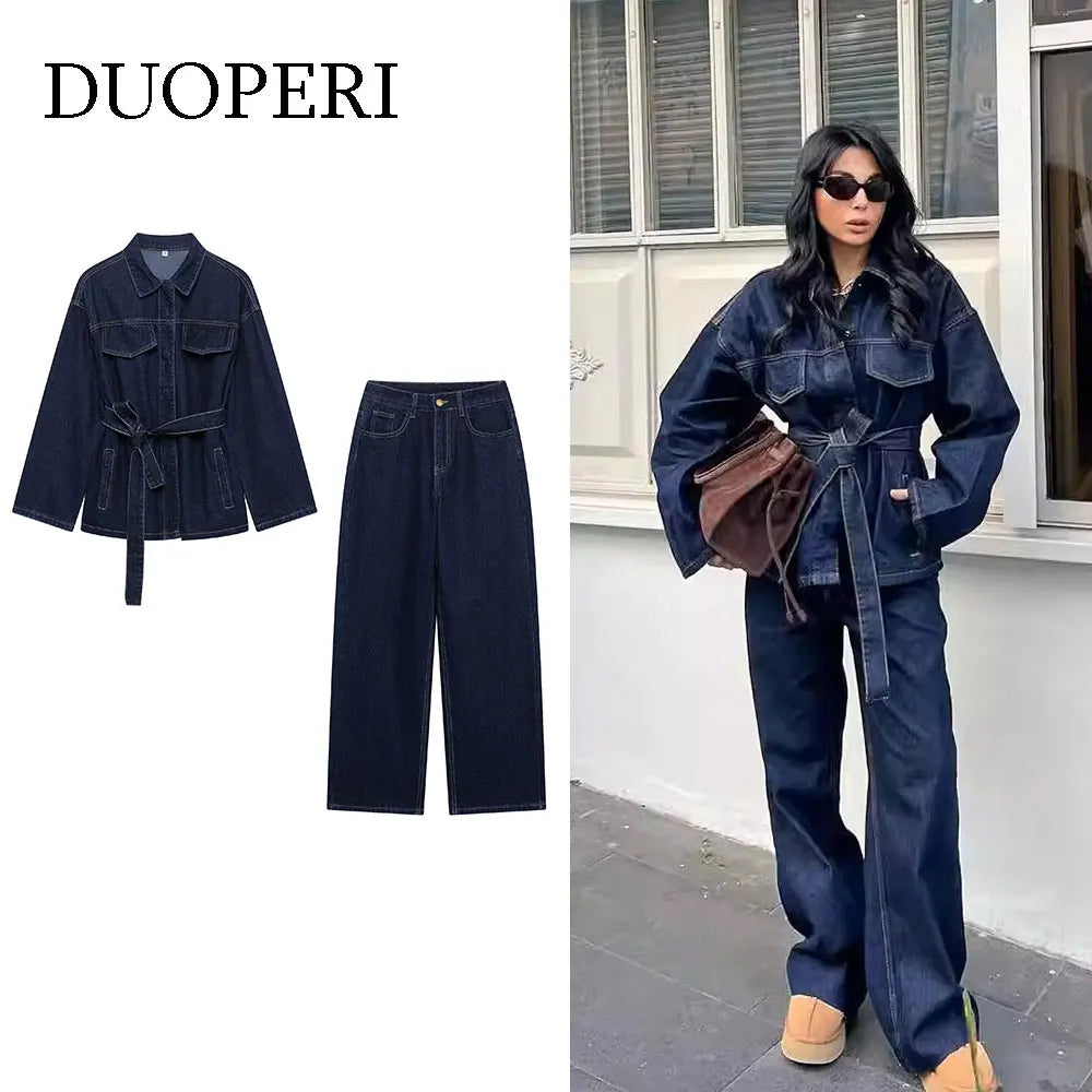 DUOPERI Women Fashion 2 Pieces Sets With Belt Denim  Jackets & Vintage Front Zipper Jeans Trousers Feamle Chic Lady Pants Sets