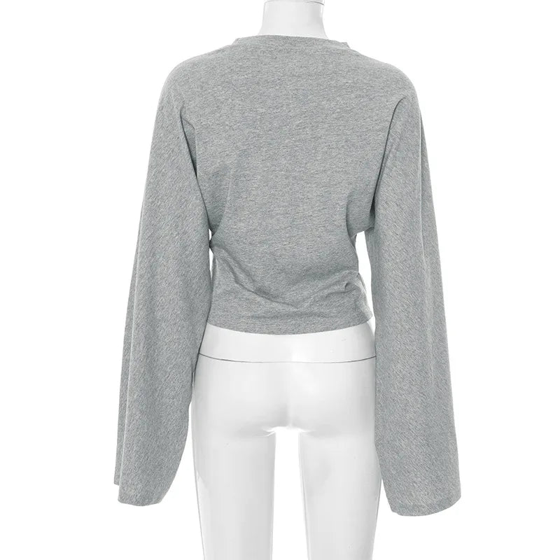 T-shirt skinny da donna a maniche lunghe con scollo a O Top corto monocromatico Casual Y2K Streetwear Moda Pullover Abito estivo