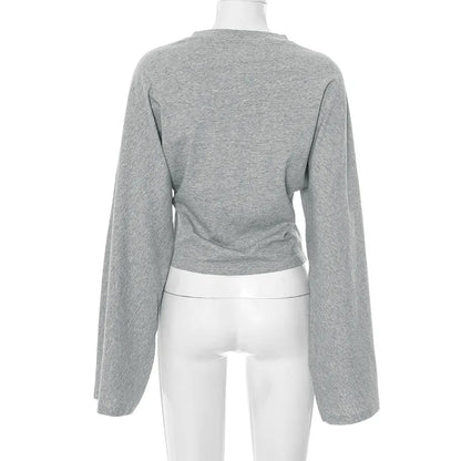 T-shirt skinny da donna a maniche lunghe con scollo a O Top corto monocromatico Casual Y2K Streetwear Moda Pullover Abito estivo