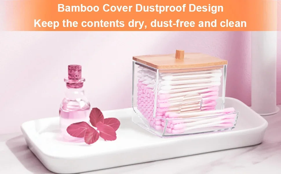 Porta batuffoli di cotone da 1 pezzo, dispenser per batuffoli di cotone con coperchi in bambù, barattoli portaoggetti per bagno in bambù, contenitori in plastica trasparente