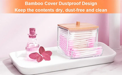 Porta batuffoli di cotone da 1 pezzo, dispenser per batuffoli di cotone con coperchi in bambù, barattoli portaoggetti per bagno in bambù, contenitori in plastica trasparente