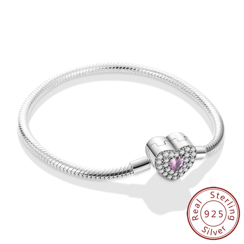 Bracciale originale in argento sterling 925 con ciondoli 17-20CM Bracciale con zirconi a forma di cuore d'amore per le donne Regali di gioielli con ciondoli fai da te