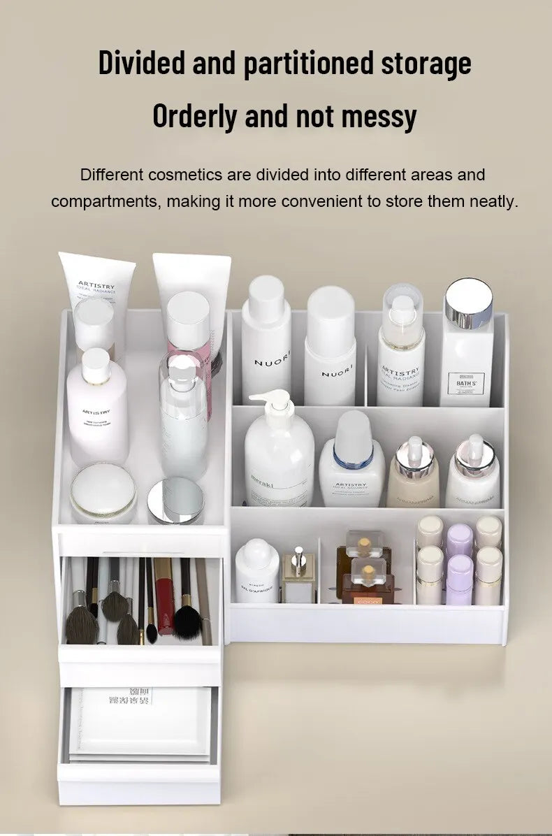 1 scatola portaoggetti per trucco con cassetto bianco, organizer in plastica per cosmetici, cura della pelle, tavolo da toeletta, dormitorio da tavolo