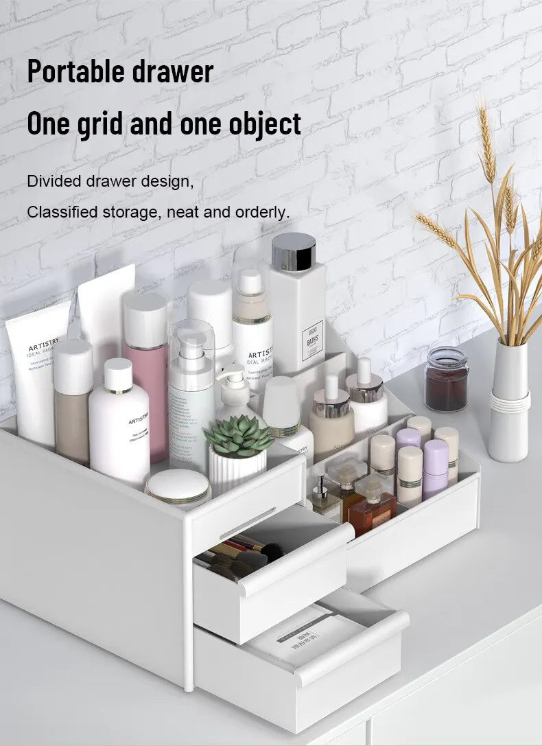 1 scatola portaoggetti per trucco con cassetto bianco, organizer in plastica per cosmetici, cura della pelle, tavolo da toeletta, dormitorio da tavolo