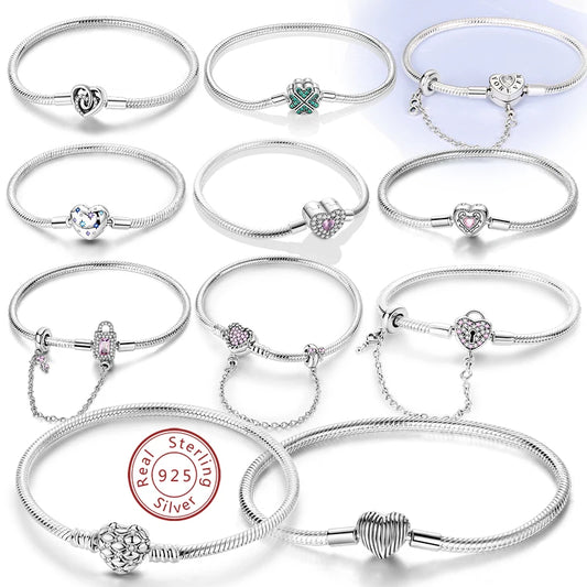 Bracciale originale in argento sterling 925 con ciondoli 17-20CM Bracciale con zirconi a forma di cuore d'amore per le donne Regali di gioielli con ciondoli fai da te