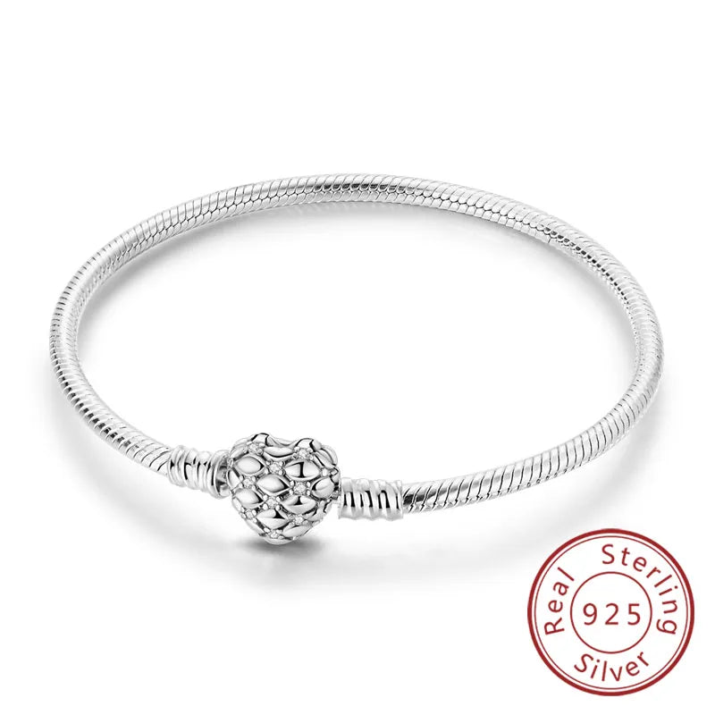 Bracciale originale in argento sterling 925 con ciondoli 17-20CM Bracciale con zirconi a forma di cuore d'amore per le donne Regali di gioielli con ciondoli fai da te