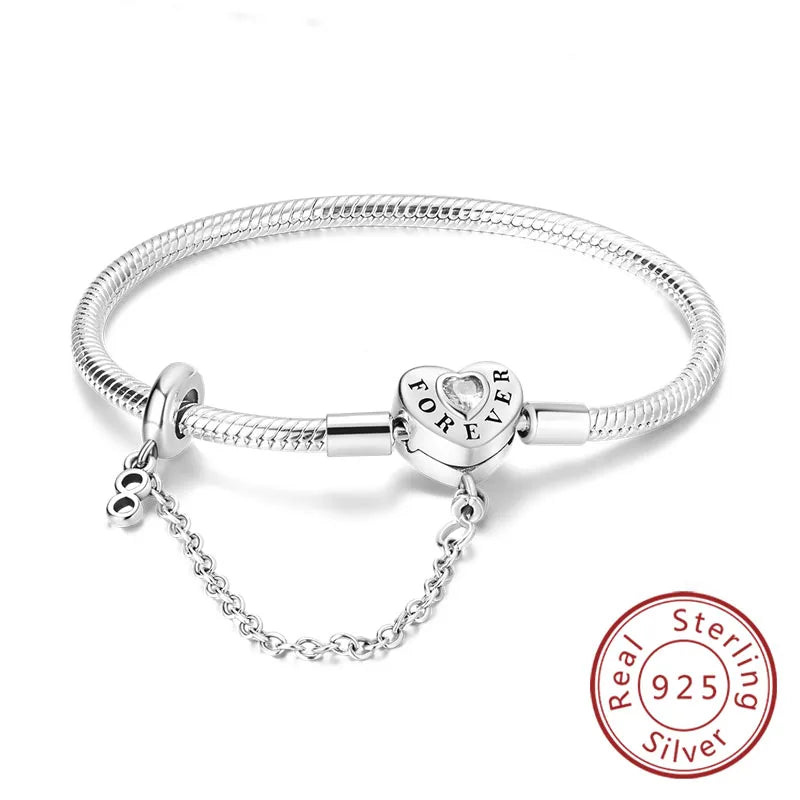 Bracciale originale in argento sterling 925 con ciondoli 17-20CM Bracciale con zirconi a forma di cuore d'amore per le donne Regali di gioielli con ciondoli fai da te