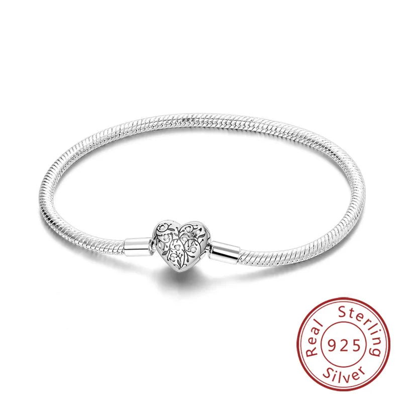 Bracciale originale in argento sterling 925 con ciondoli 17-20CM Bracciale con zirconi a forma di cuore d'amore per le donne Regali di gioielli con ciondoli fai da te
