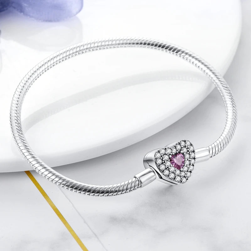Bracciale originale in argento sterling 925 con ciondoli 17-20CM Bracciale con zirconi a forma di cuore d'amore per le donne Regali di gioielli con ciondoli fai da te