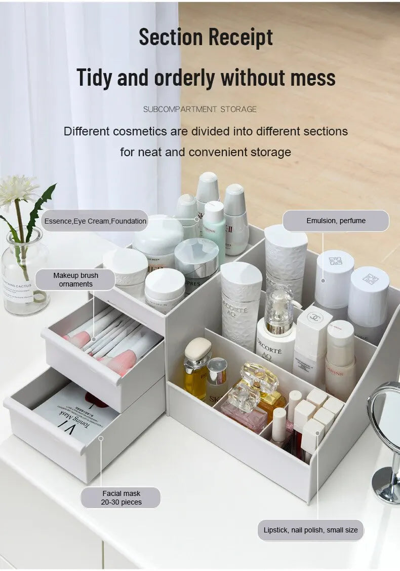 1 scatola portaoggetti per trucco con cassetto bianco, organizer in plastica per cosmetici, cura della pelle, tavolo da toeletta, dormitorio da tavolo