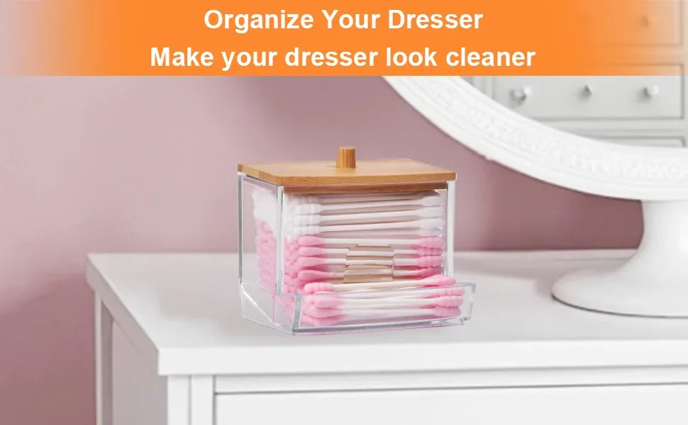 Porta batuffoli di cotone da 1 pezzo, dispenser per batuffoli di cotone con coperchi in bambù, barattoli portaoggetti per bagno in bambù, contenitori in plastica trasparente