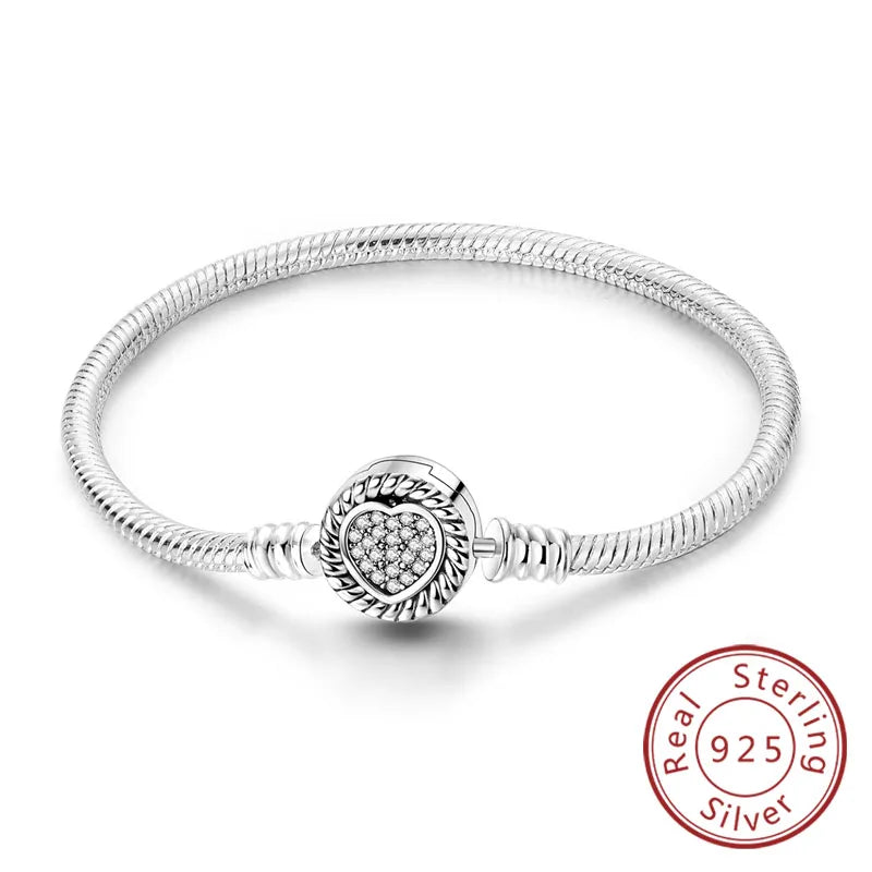 Bracciale originale in argento sterling 925 con ciondoli 17-20CM Bracciale con zirconi a forma di cuore d'amore per le donne Regali di gioielli con ciondoli fai da te