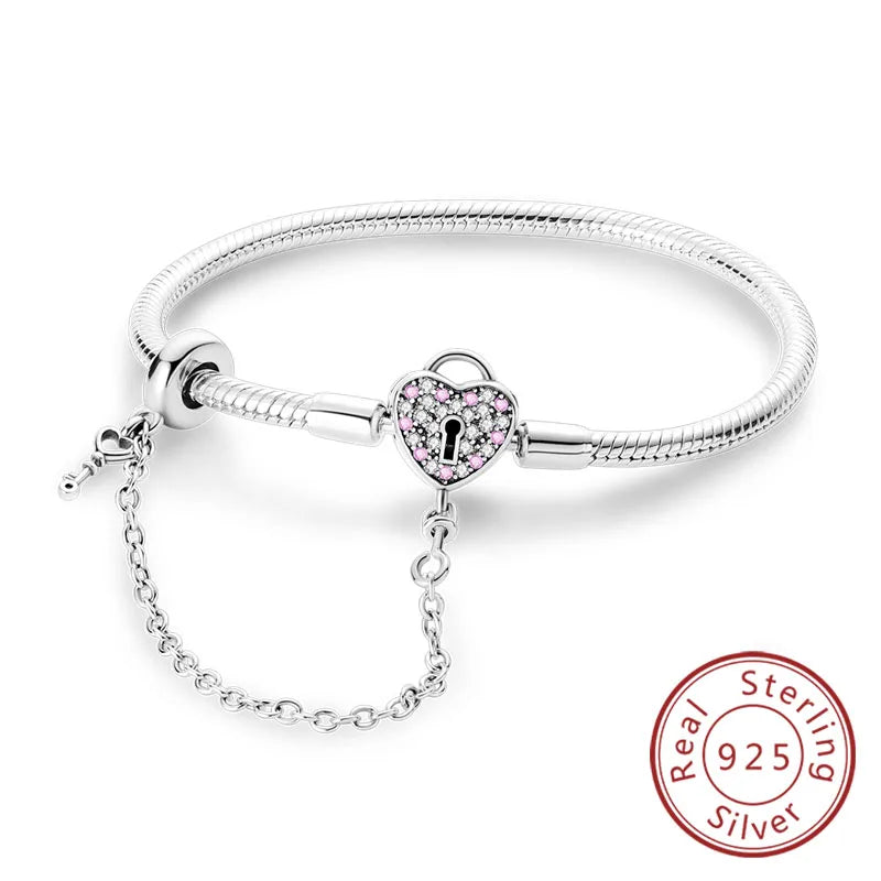 Bracciale originale in argento sterling 925 con ciondoli 17-20CM Bracciale con zirconi a forma di cuore d'amore per le donne Regali di gioielli con ciondoli fai da te