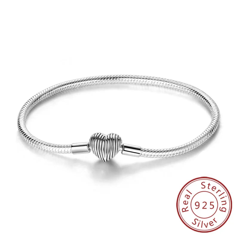 Bracciale originale in argento sterling 925 con ciondoli 17-20CM Bracciale con zirconi a forma di cuore d'amore per le donne Regali di gioielli con ciondoli fai da te