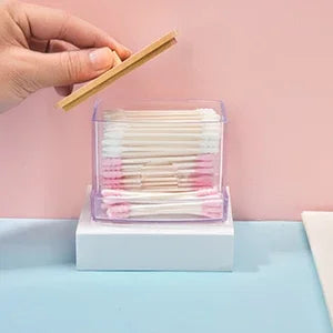 Porta batuffoli di cotone da 1 pezzo, dispenser per batuffoli di cotone con coperchi in bambù, barattoli portaoggetti per bagno in bambù, contenitori in plastica trasparente