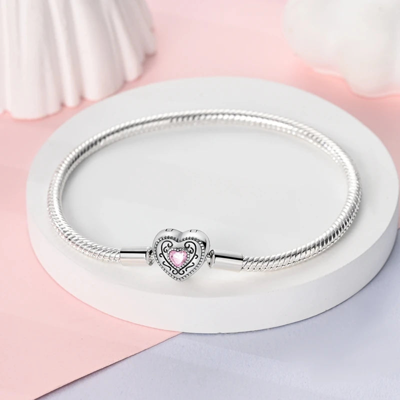 Bracciale originale in argento sterling 925 con ciondoli 17-20CM Bracciale con zirconi a forma di cuore d'amore per le donne Regali di gioielli con ciondoli fai da te