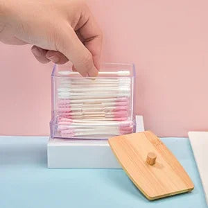 Porta batuffoli di cotone da 1 pezzo, dispenser per batuffoli di cotone con coperchi in bambù, barattoli portaoggetti per bagno in bambù, contenitori in plastica trasparente