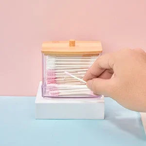 Porta batuffoli di cotone da 1 pezzo, dispenser per batuffoli di cotone con coperchi in bambù, barattoli portaoggetti per bagno in bambù, contenitori in plastica trasparente