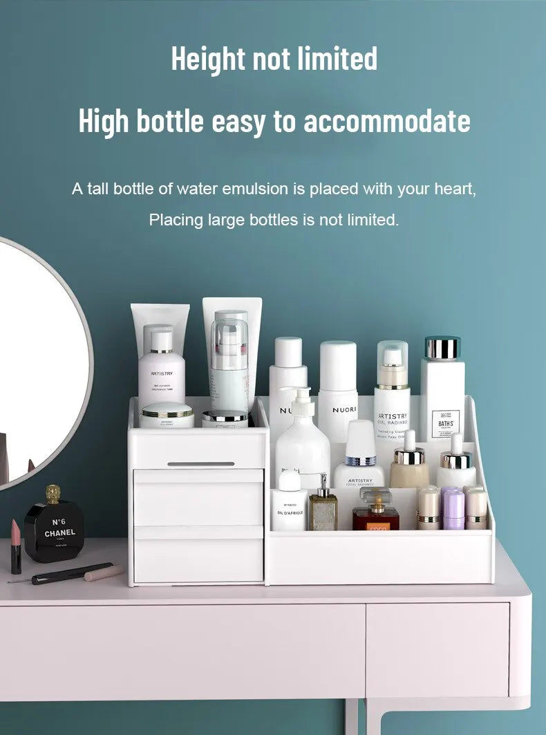 1 scatola portaoggetti per trucco con cassetto bianco, organizer in plastica per cosmetici, cura della pelle, tavolo da toeletta, dormitorio da tavolo