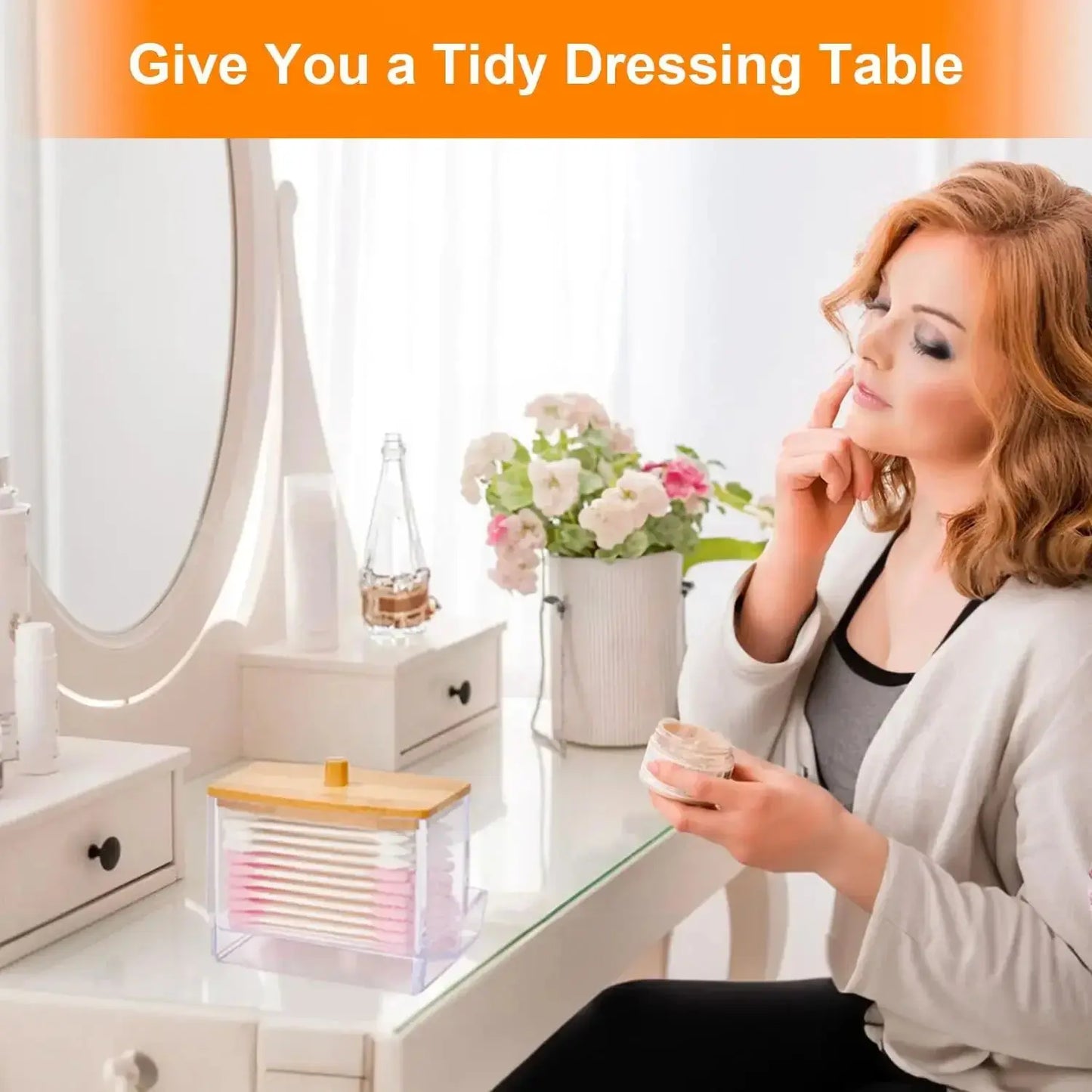 Porta batuffoli di cotone da 1 pezzo, dispenser per batuffoli di cotone con coperchi in bambù, barattoli portaoggetti per bagno in bambù, contenitori in plastica trasparente