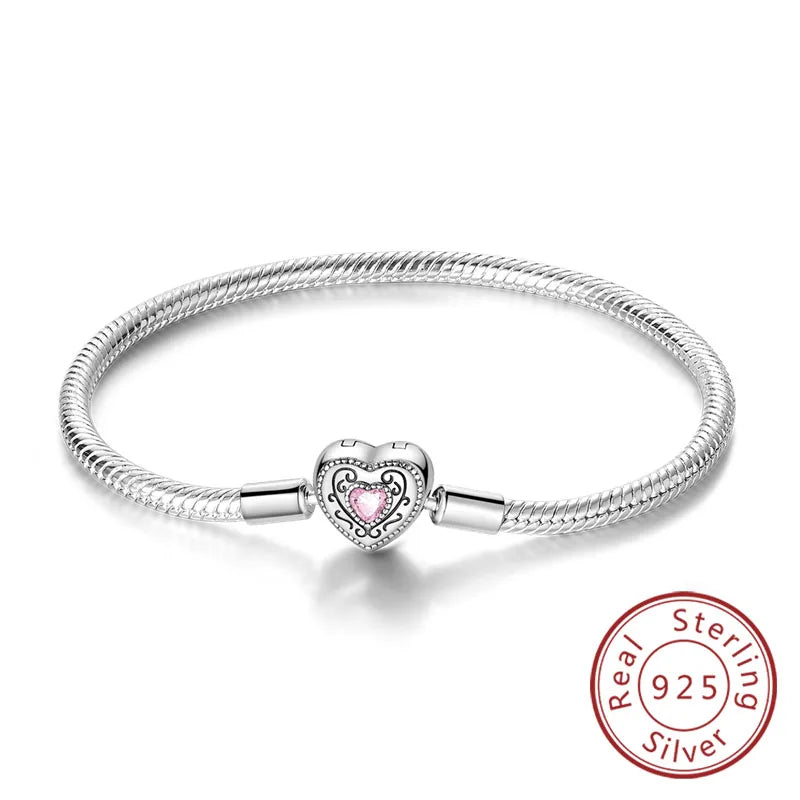 Bracciale originale in argento sterling 925 con ciondoli 17-20CM Bracciale con zirconi a forma di cuore d'amore per le donne Regali di gioielli con ciondoli fai da te