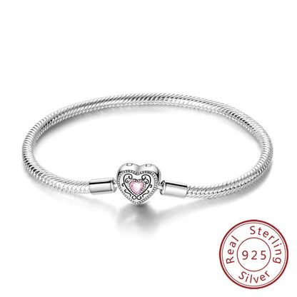 Bracciale originale in argento sterling 925 con ciondoli 17-20CM Bracciale con zirconi a forma di cuore d'amore per le donne Regali di gioielli con ciondoli fai da te